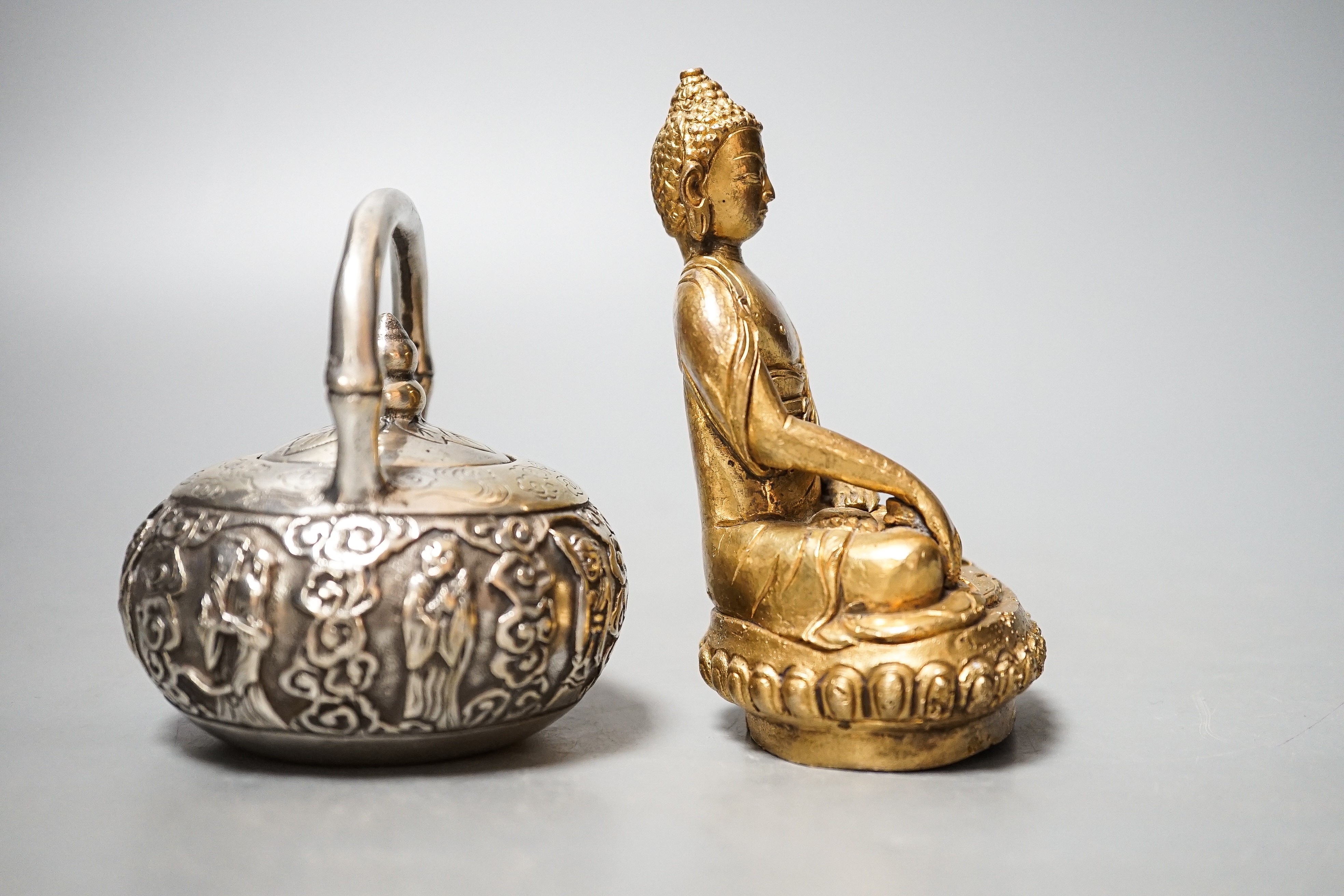 A Chinese gilt bronze buddha and a miniature plated teapot 11cm